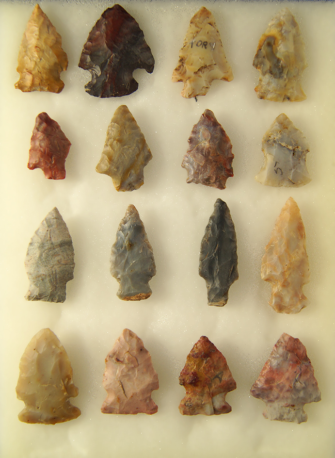 Set of 16 Colorful arrowheads found in Ohio. Largest is 1 9/16".