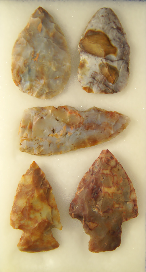 Set of 5 Colorful Flint Ridge Flint Artifacts found in Ohio. Largest is 2 5/8".