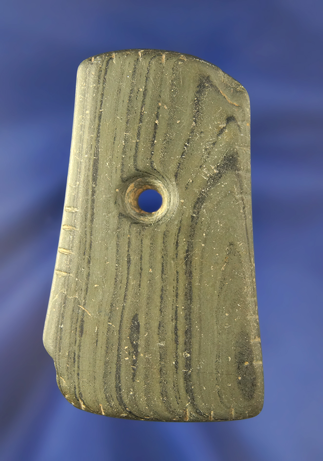 3 1/8" banded slate Pendant with many tally marks on both sides found in Mercer Co., Ohio.