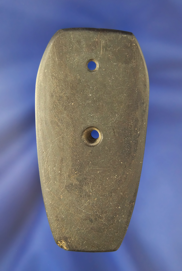 3 5/16" anciently salvaged Gorget made from Slate found in Indiana. Ex. Lewis Fueling.