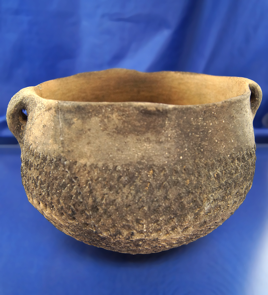 7 1/2" Wide Mississippian Pot with thumb marks and strap handles. Big Eddy Site in Arkansas.