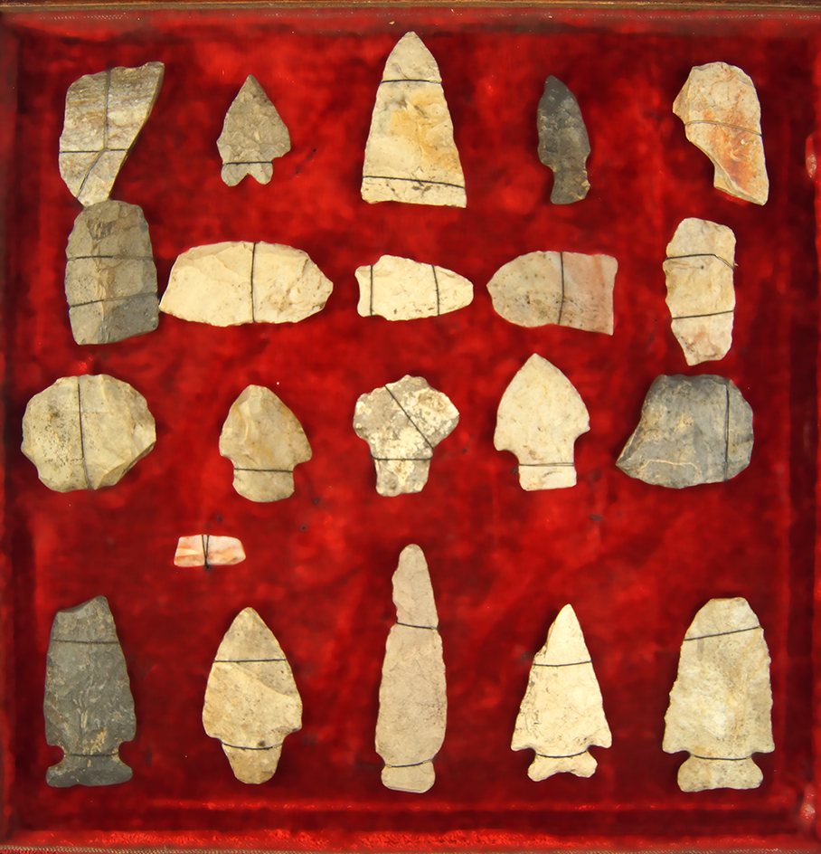 Frame of Flint Artifacts tied to a board found in the 1940's near Fredericktown, Knox Co., Ohio.