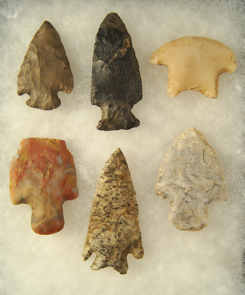 Set of 6 Assorted Arrowheads - largest is 2 3/4" - found near Fredericktown, Knox Co., Ohio.