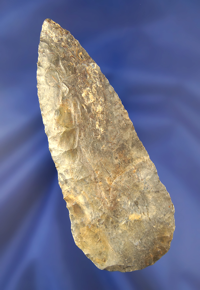 Excellent flaking and nice patina on this 4 11/16" Coshocton Flint Cobbs Knife found in Ohio.