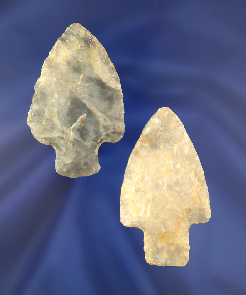 Pair of Flint Ridge Flint Late Adena Arrowheads found near Chickasaw, Ohio. Largest is 2 5/8".