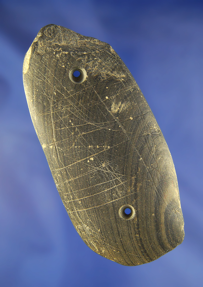 Highly engraved 4 7/16" banded slate Gorget found in Indiana.