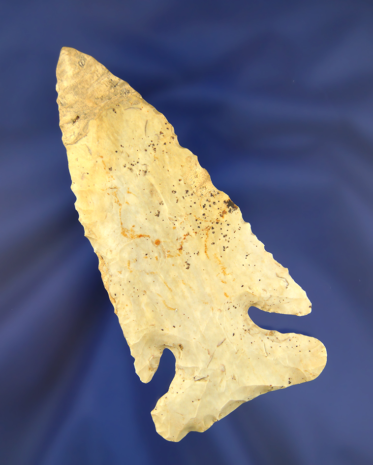 4 3/16" Archaic Thebes found in Ohio with restoration to one blade edge and tip area.