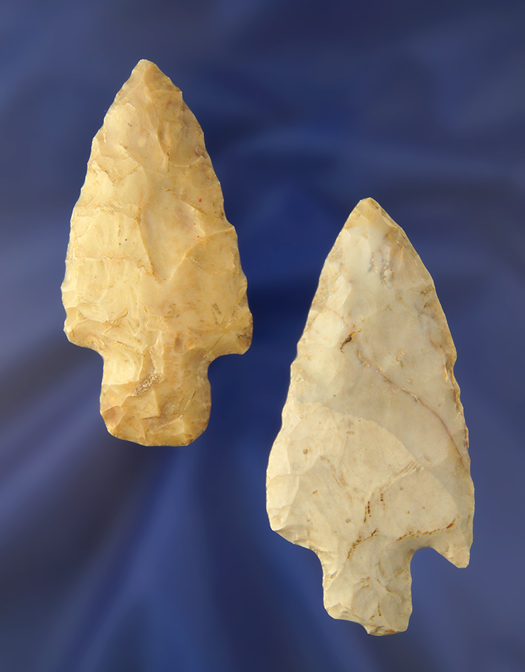 Pair of Flint Ridge Flint Adena Arrowheads found in Darke Co., Ohio, largest is 3 1/8".