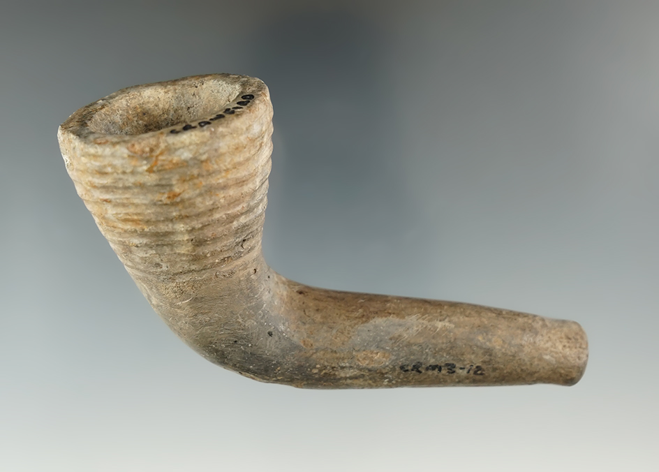 4" Long by 2" Tall Iroquois Clay Ring Bowl Pipe - New York. Elbow has been broken and mended.