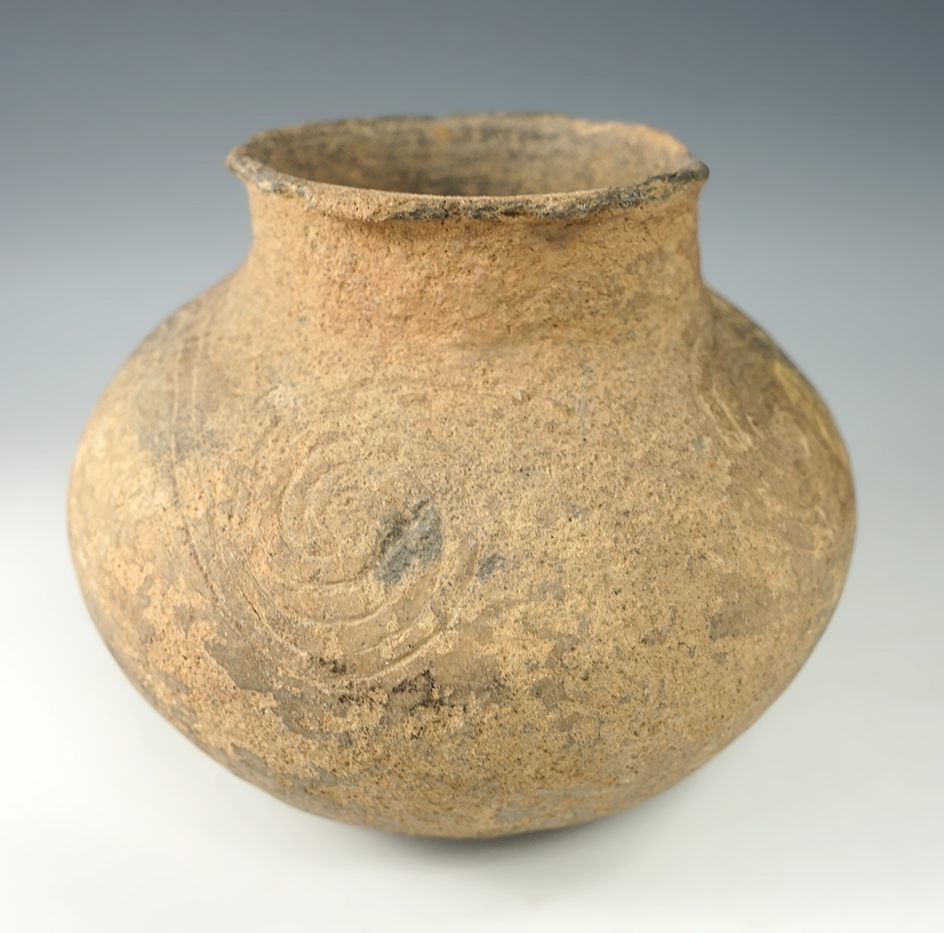 5 1/4" x 5 1/2" Solid Hopewell decorated pottery vessel - some rim chips. Michigan.  Ex. Root.