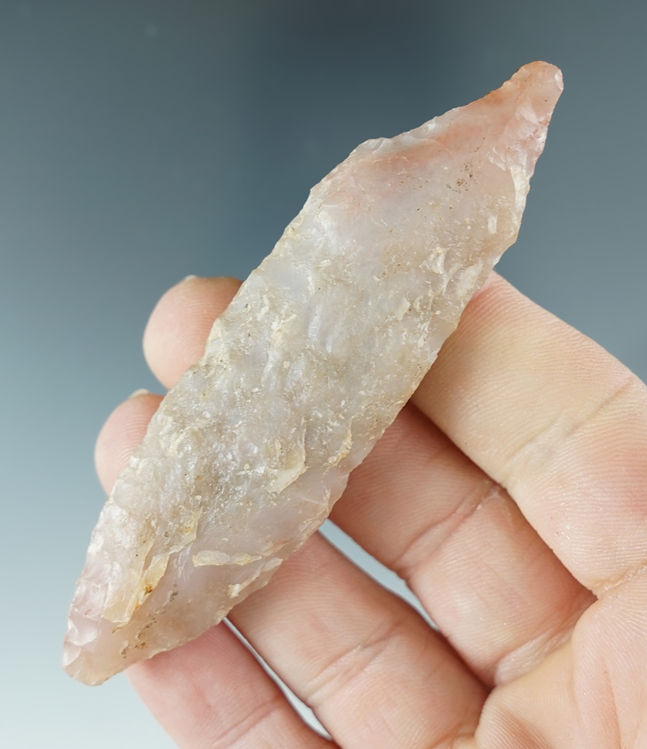 3 3/8" Perforator made from Rose Quartz with nice use polish to the perforator end, found in Indiana