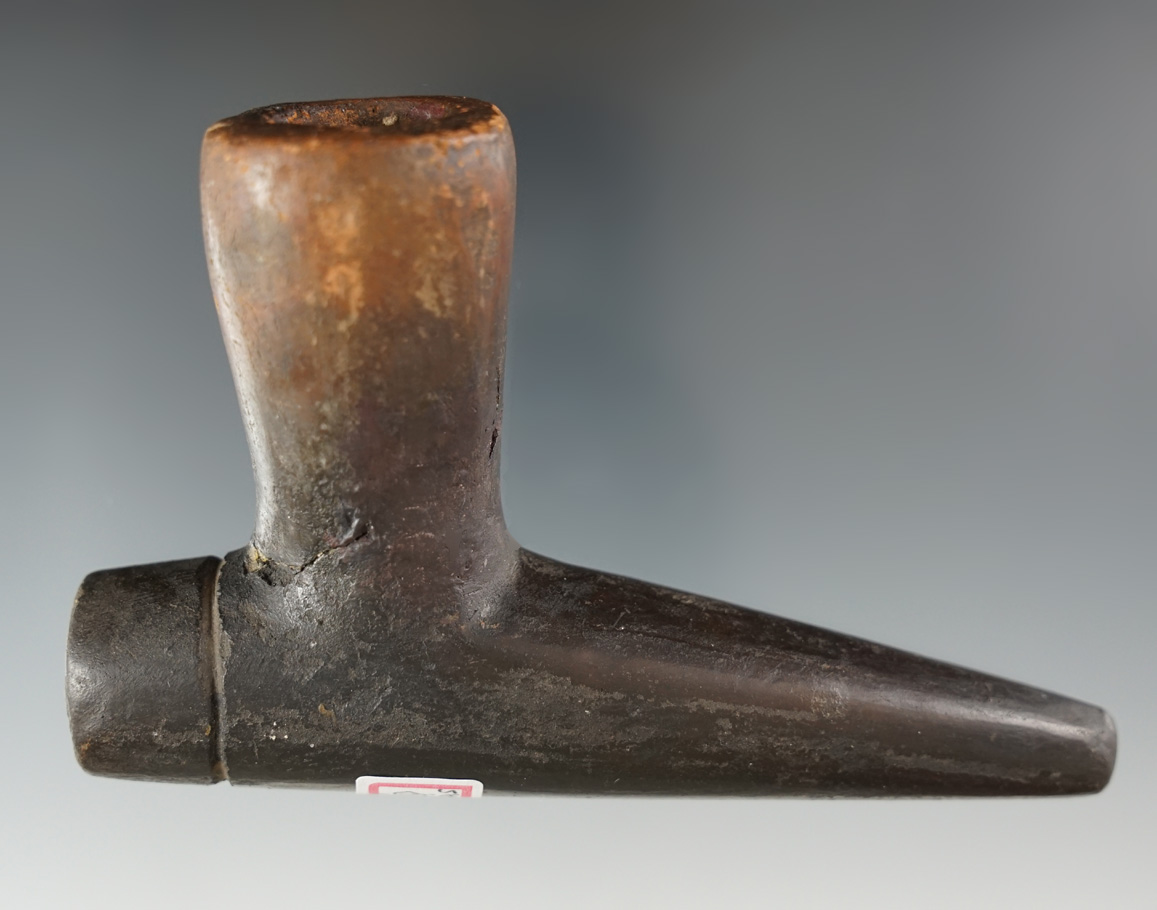 4 1/2 by 3" Caddo Pipe made from Clay. The bowl is broken and glued with some restoration.