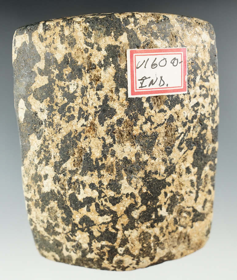 Beautiful material on this well defined 4" Bannerstone found in Indiana which is partially drilled.