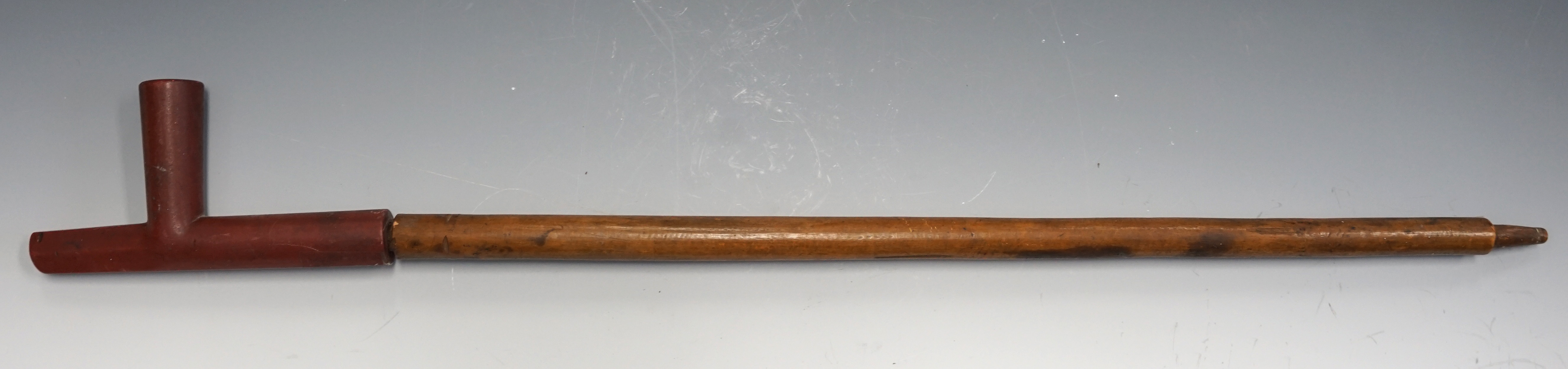 6 1/4" Plains style Catlinite Pipe that is heavily patinated with the original 20" wood stem.