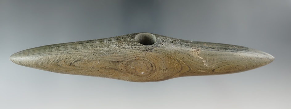 Thick 7 1/2" Bannerstone found in Ohio that is one half professionally restored by Stoneking.