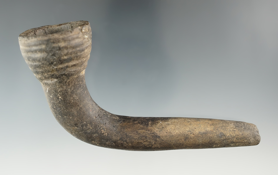 5" long Iroquois Clay Ring Bowl Pipe with restoration to the elbow and bowl. New York.