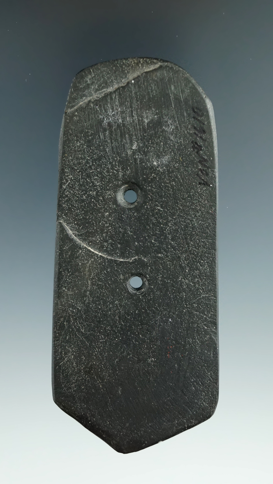 3 3/4" Pentagonal Gorget found in Indiana. Comes with Bennett and Dickey COAs.