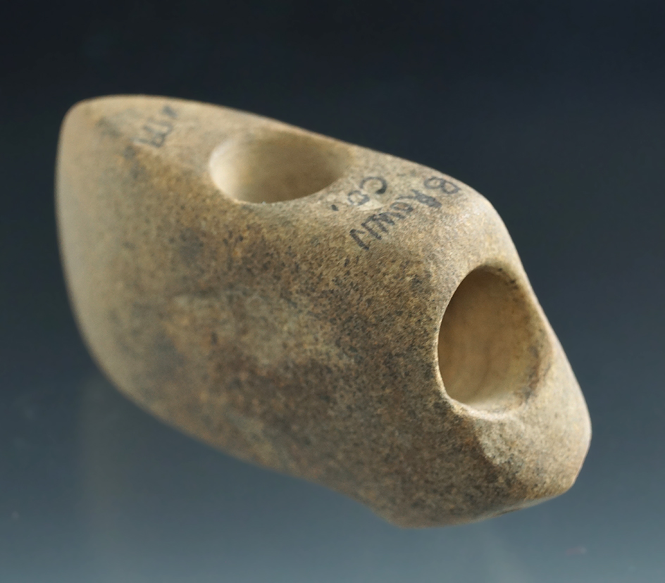 2 13/16" Sandstone Human Face Effigy Pipe found in Brown Co., Ohio.