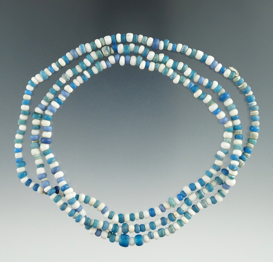 Very nice 28" long strand of blue-and-white Trade Beads found near Muskogee, Elmore Co., AL.
