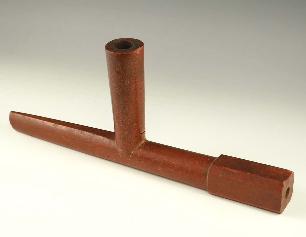 Large 11 1/8" long by 4 5/8" tall Faceted Stem Catlinite Calumet Pipe circa 1840-1900.