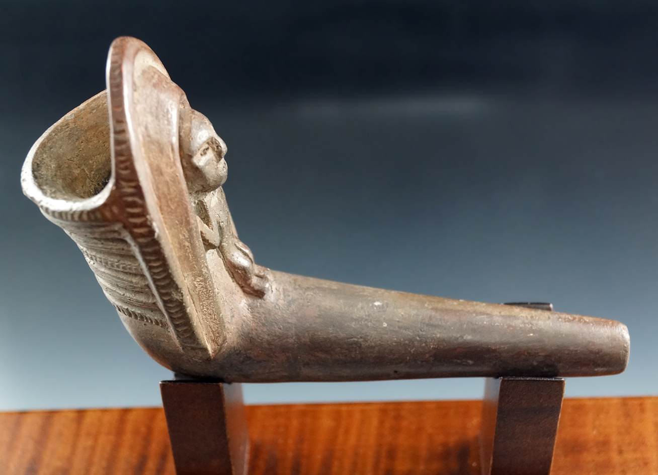 Sale highlight! Simply incredible 5" long Iroquois Clay Escutcheon Pipe that is highly decorated - N