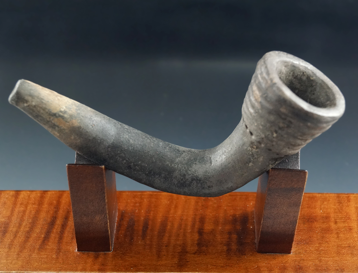 4 1/4" Iroquois Clay Ring Bowl Pipe with restoration two the elbow in stem found in New York.