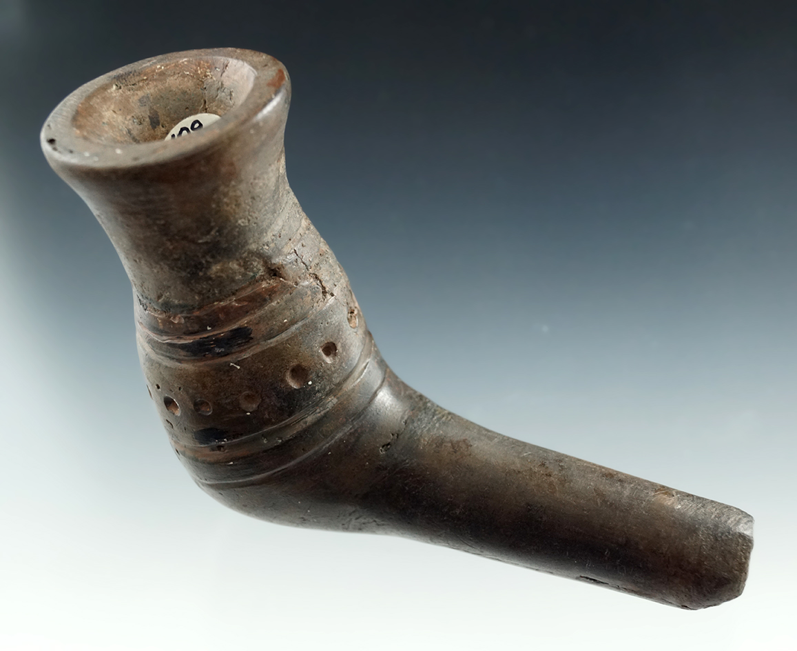 4 3/8" Long Iroquois Clay Trumpet Pipe that is uniquely styled with restoration to rim and elbow. NY