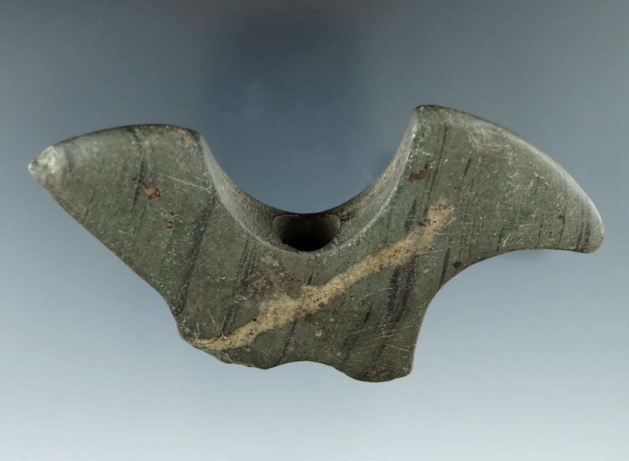 Incredible ancient salvage! 3 7/8" Anciently salvaged Double Crescent Bannerstone - Indiana.