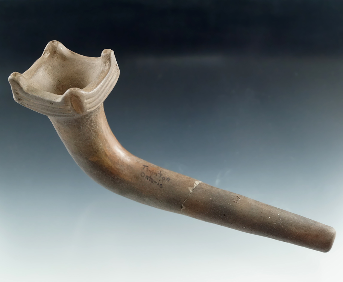 6" Long Clay Iroquois Crown Pottery Pipe found near Trenton, Ontario Canada. Broken and glued