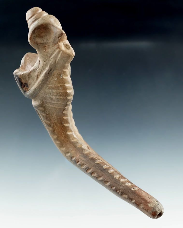 5 1/2" Clay Iroquois Huronian Pinched Face Pipe with restoration to the bowl area, NY