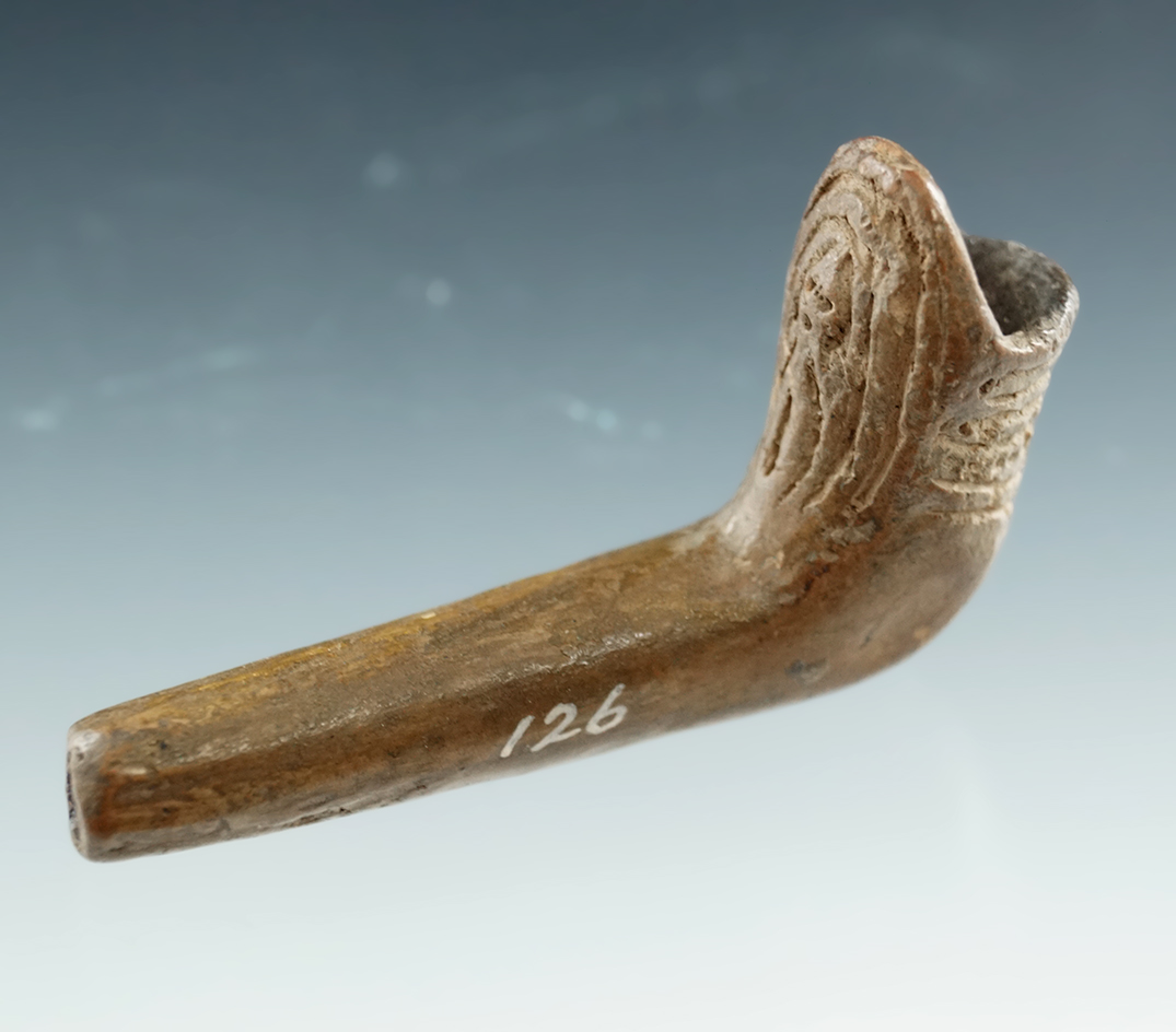 Rare and highly collectible! 2 3/16" Miniature Human Figure Escutcheon Style Iroquois Clay Pipe NY.