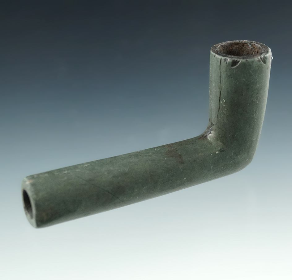 3" Long Slate Pipe found in Ohio that is nicely patinated with good evidence of use in bowl.