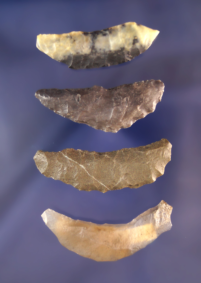 Set of four Paleo Crescents found in Nevada by R. D. Mudge, largest is 1 15/16"