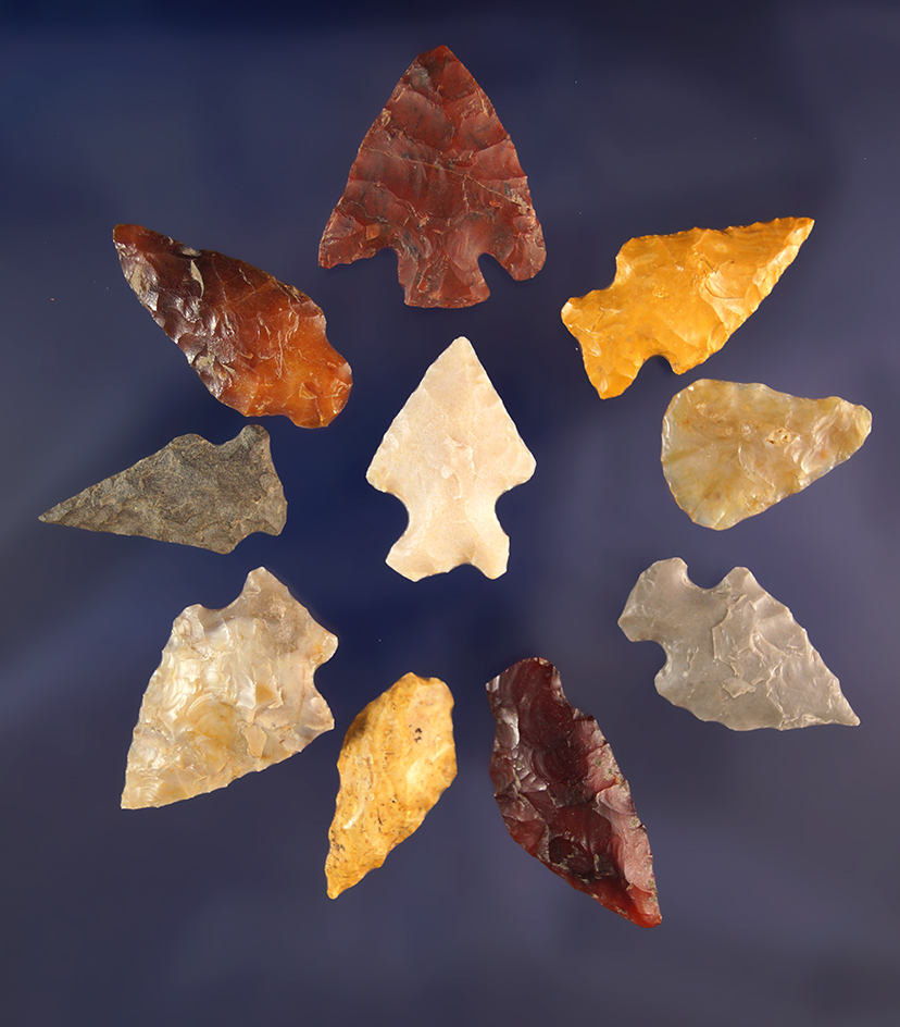 Set of 10 assorted Arrowheads found near the Coeur d' Alene River, Idaho. largest is 1 1/8".