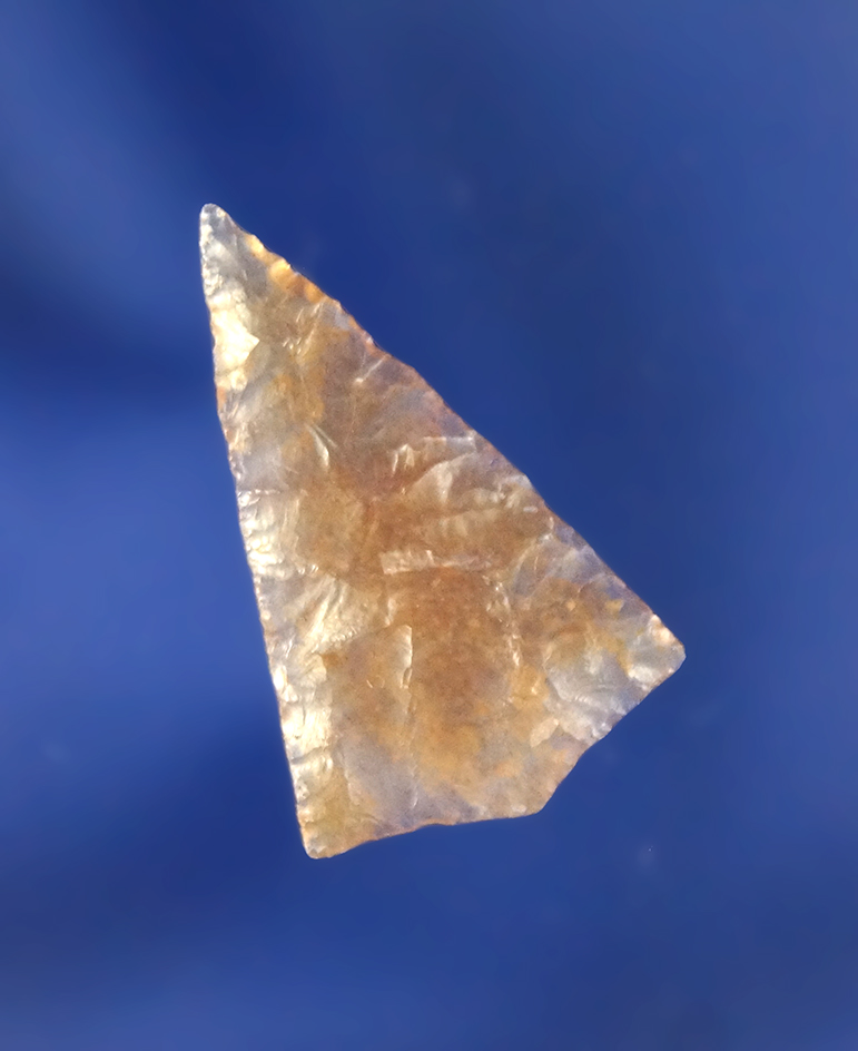 Un-notched Columbia Plateau found by Lynn Woodcock. A Moss Agate point, Dalles area.