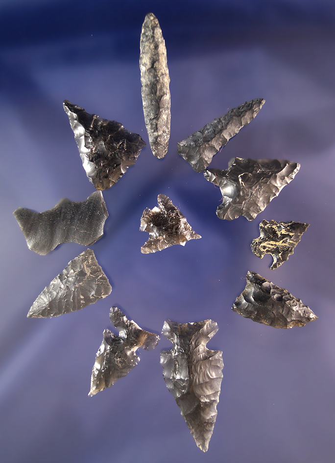 Set of 11 assorted Obsidian Arrowheads found by R. D. Mudge in Nevada. Largest is 1 5/8".