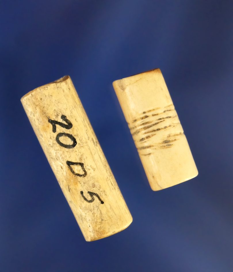 2 Bone Beads, longest measuring 1 3/8" L, from the Bill Peterson Collection.