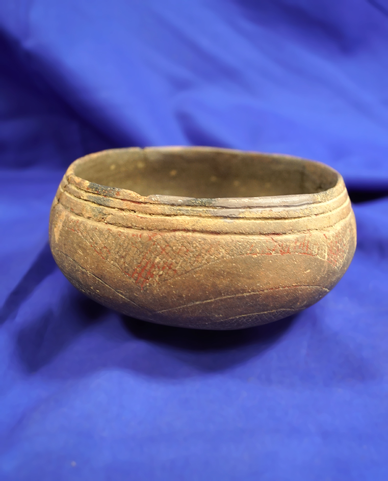 4 3/4" wide Caddo engraved Bowl found in Clark Co., Arkansas - small amount of restoration.