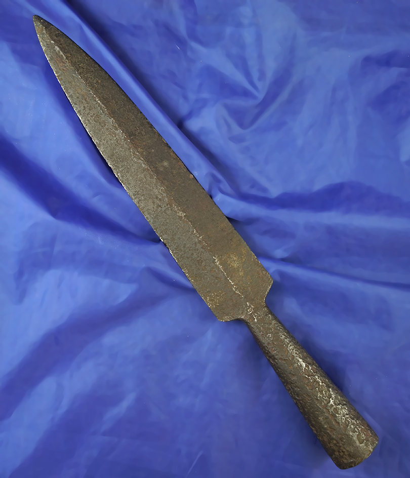 Very large 14" + iron spear that is very old. Exact origin unknown.