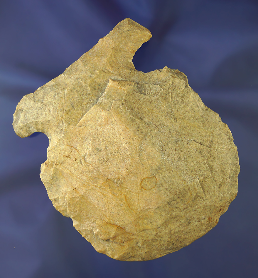 4 1/2" Millcreek chert notched Hoe found in Illinois with nice use polished to the bit area.