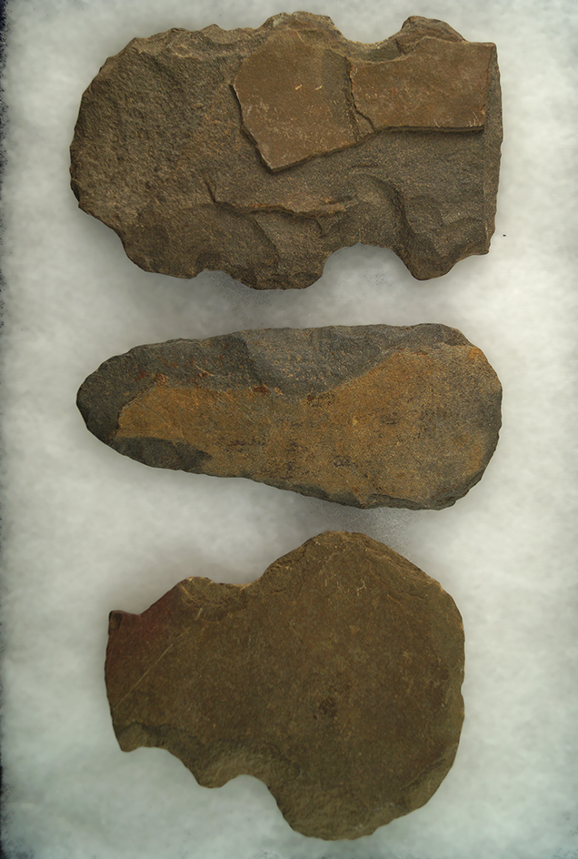 Set of 3 Stone Hoes found on the Borden Farm in Fishers Hill, Virginia. Largest is 5 13/16".