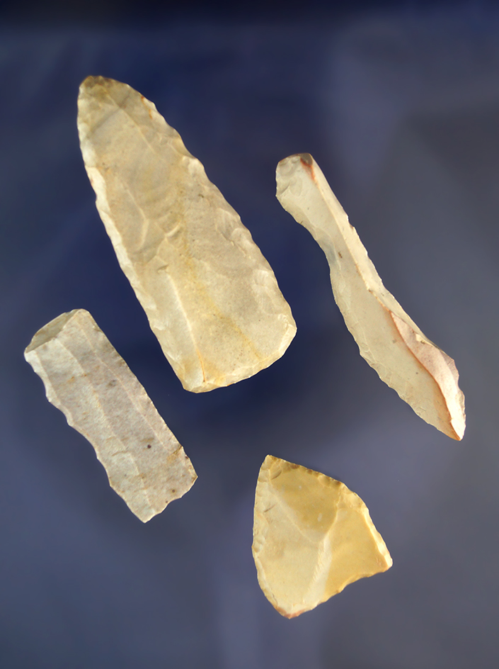Set of four Paleo Uniface Knifes and Tools found in Pulaski County Indiana. Largest is 2 5/8".