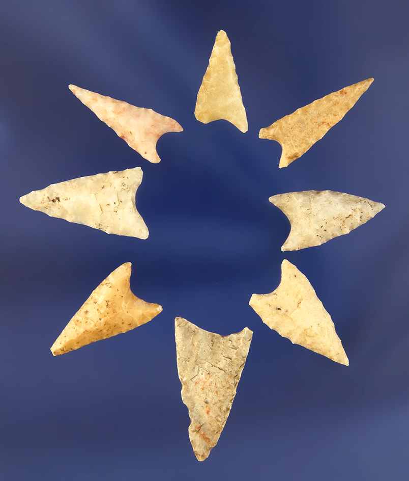 Set of eight triangular Arrowheads found in Utah, largest is 1".