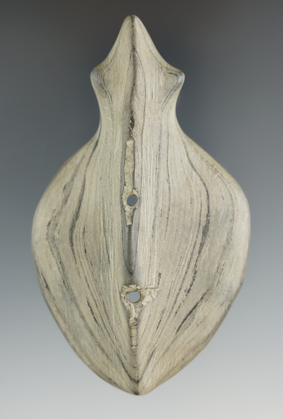 3 13/16" Banded Slate Birdstone Style Two Hole Effigy found in Berrien Co., Michigan. Pictured in Oh