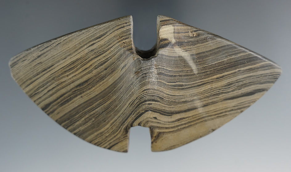 4 15/16" Archaic Wing Bannerstone found in Delaware Co., Ohio. Pictured in The Meuser Book, page 117