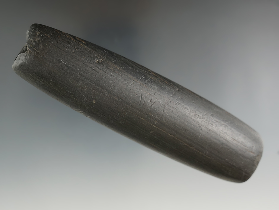 4 3/4" Archaic Fluted Tubular Bannerstone made from Banded Slate, found in Coshocton Co., Ohio.