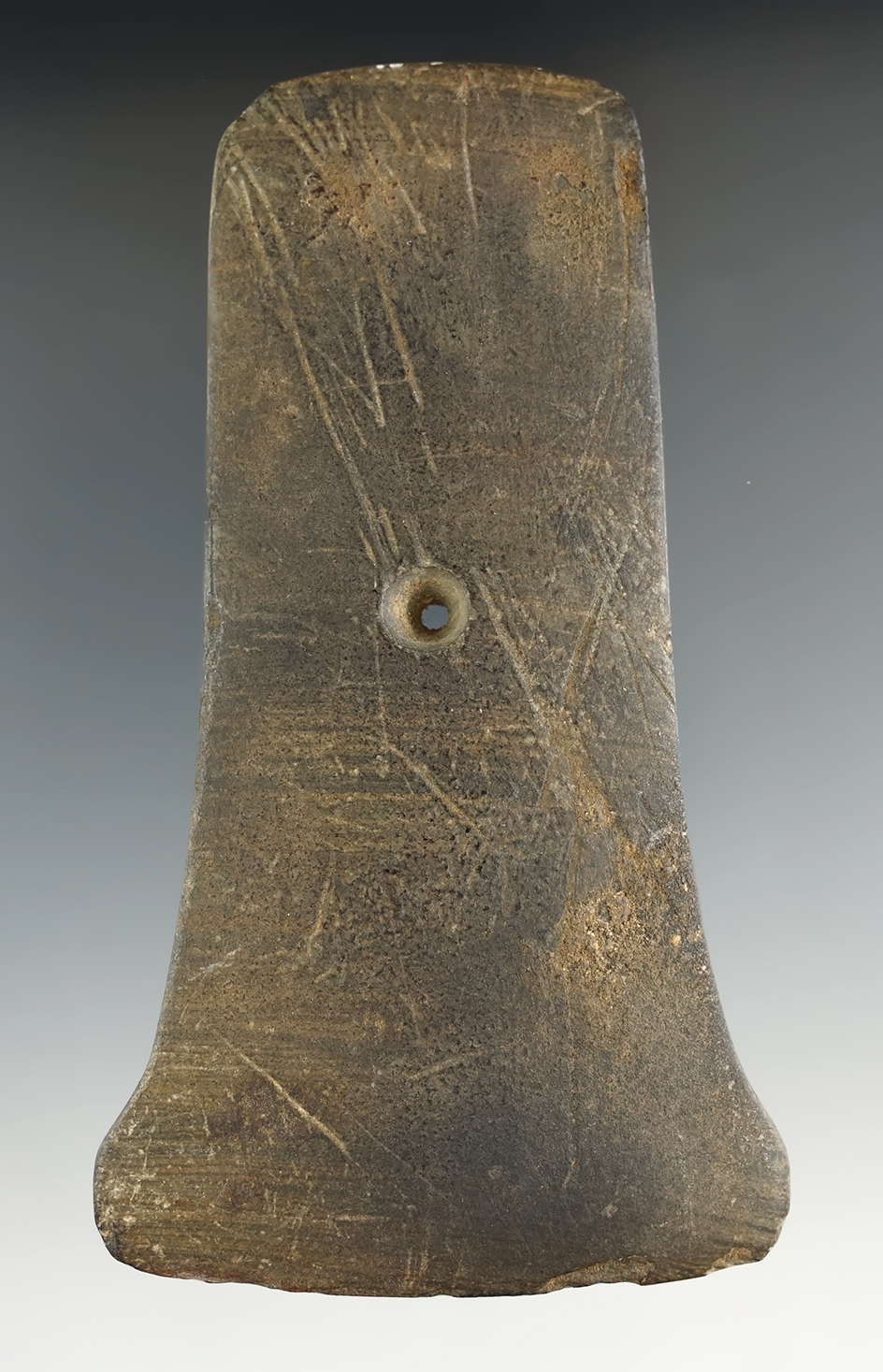 4 15/16" Adena Bell Pendant made from Banded Slate. Found in the late 1900's by Margaret Kremer.