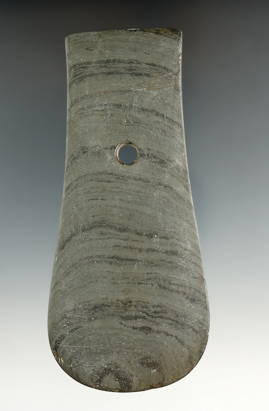 4 9/16" Adena Keyhole Pendant found in Washington Twp., Tippecanoe Co., Indiana. Pictured in CSAJ.