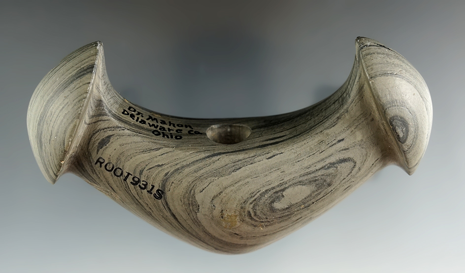 4 1/8" Archaic Knobbed Crescent found in Delaware Co., Ohio. Pictured in The Archaic Bannerstone, pg