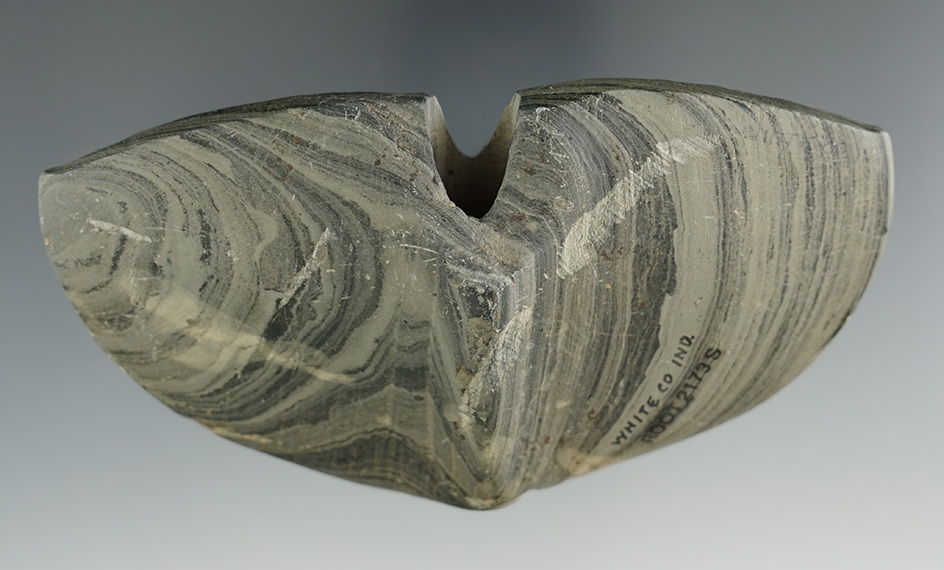 4 3/16" Archaic Single Notch Butterfly Bannerstone - White Co., Indiana. Pictured in Prehistoric Ame